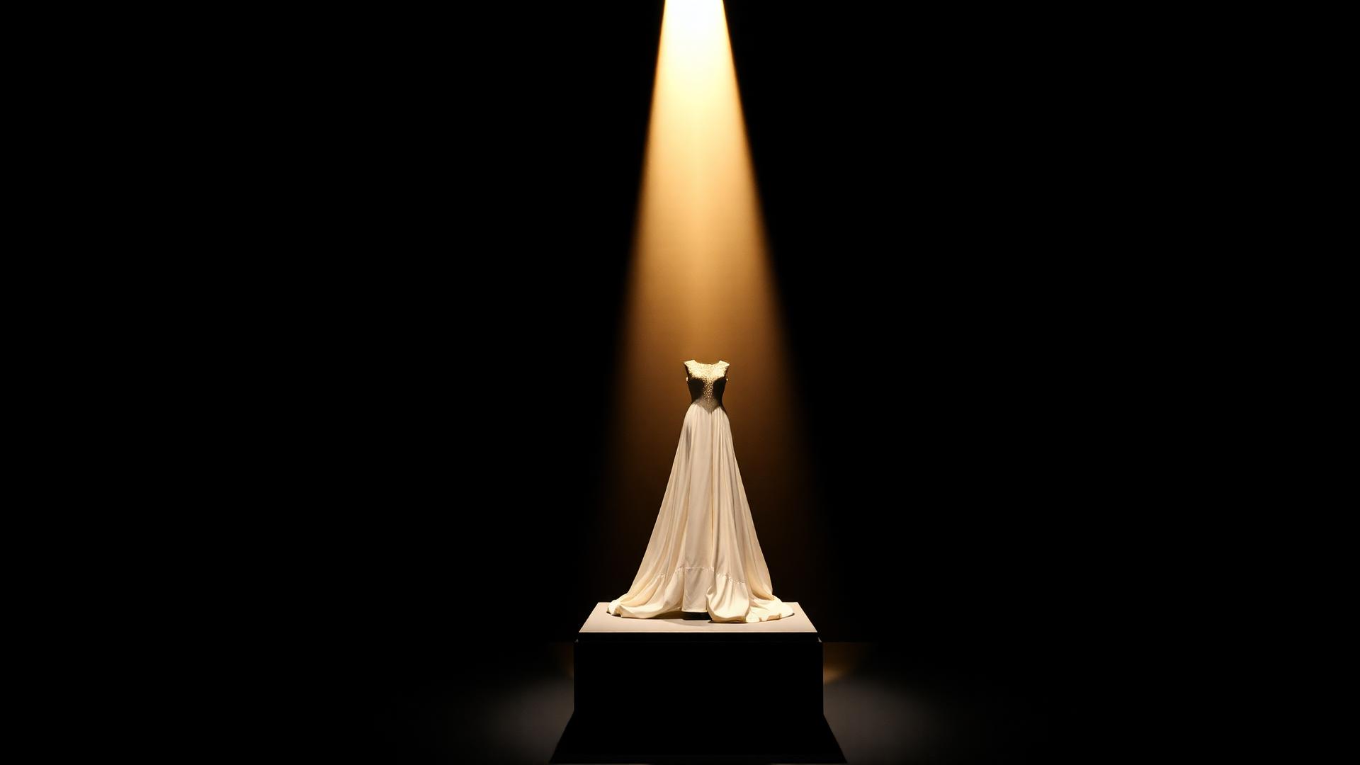 A single sculptural gown lit in a darkened exhibition hall
