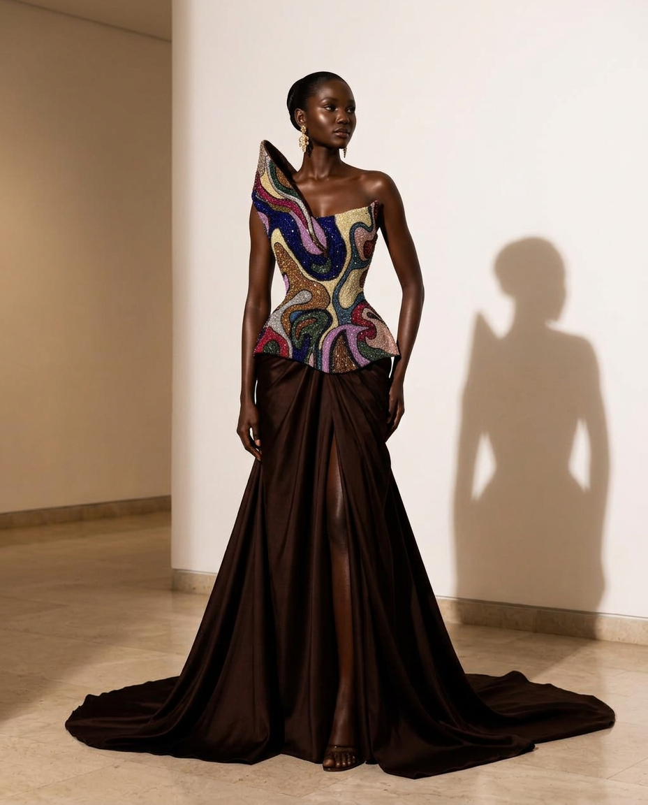 Model wearing a sculptural multicolour hand-beaded corset and espresso silk gown