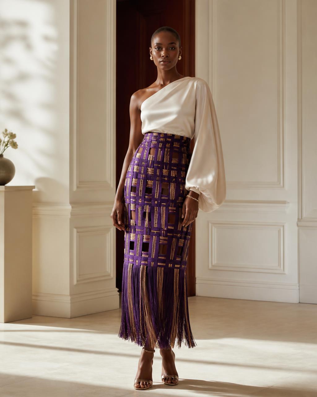 Model wearing an ivory one-shoulder top and purple and gold woven fringe skirt