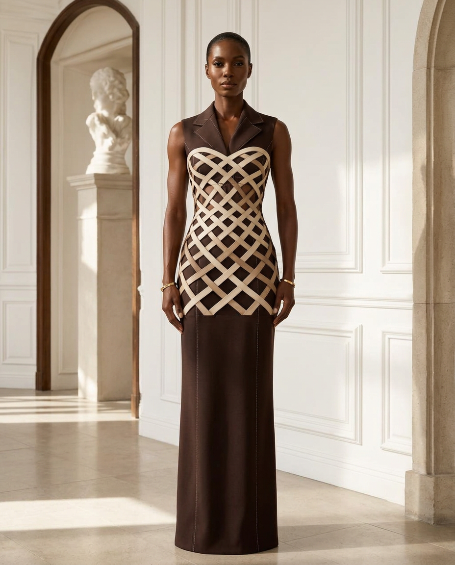 Model wearing an espresso formal column gown with architectural ivory interlacing