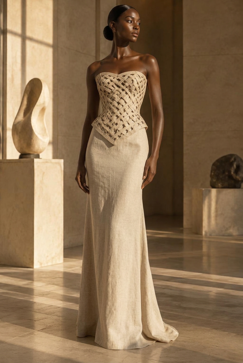 The Interlace Corset in champagne linen, photographed in a limestone gallery