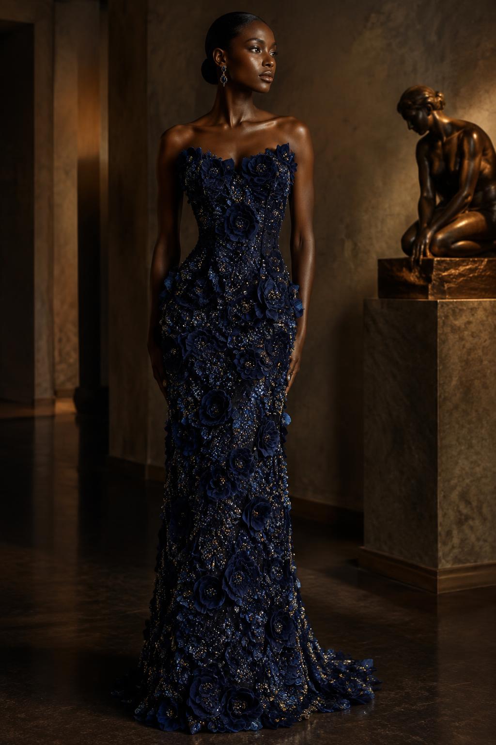 The Interlace Nocturne, a rich navy beaded exclusive edition gown with hand-stitched sculpted rosettes