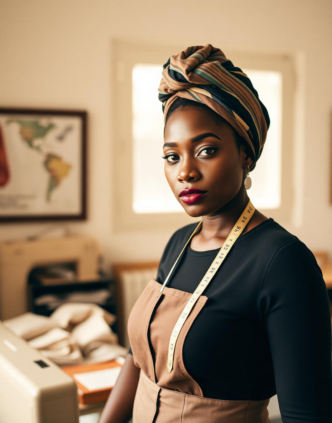 A skilled Lagos fashion maker standing in her atelier