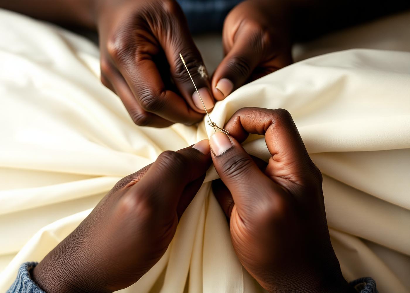 A maker's hands sewing fine cloth